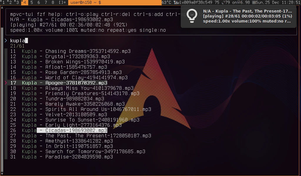 mpvc-tui fzf+notify screenshot